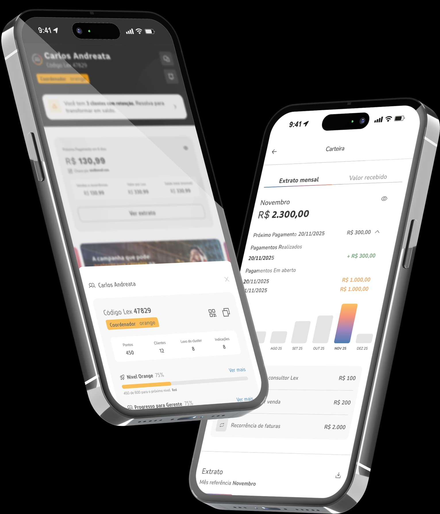 Telas do app Líder Lex em smartphones